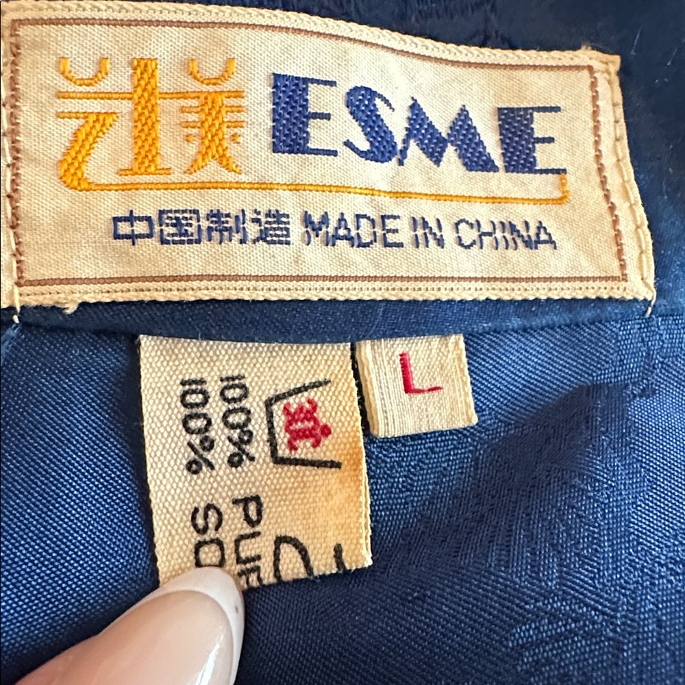 Vintage Esme Women's embroidered dragon embossed Chinese blue L pure silk robe - Picture 12 of 14